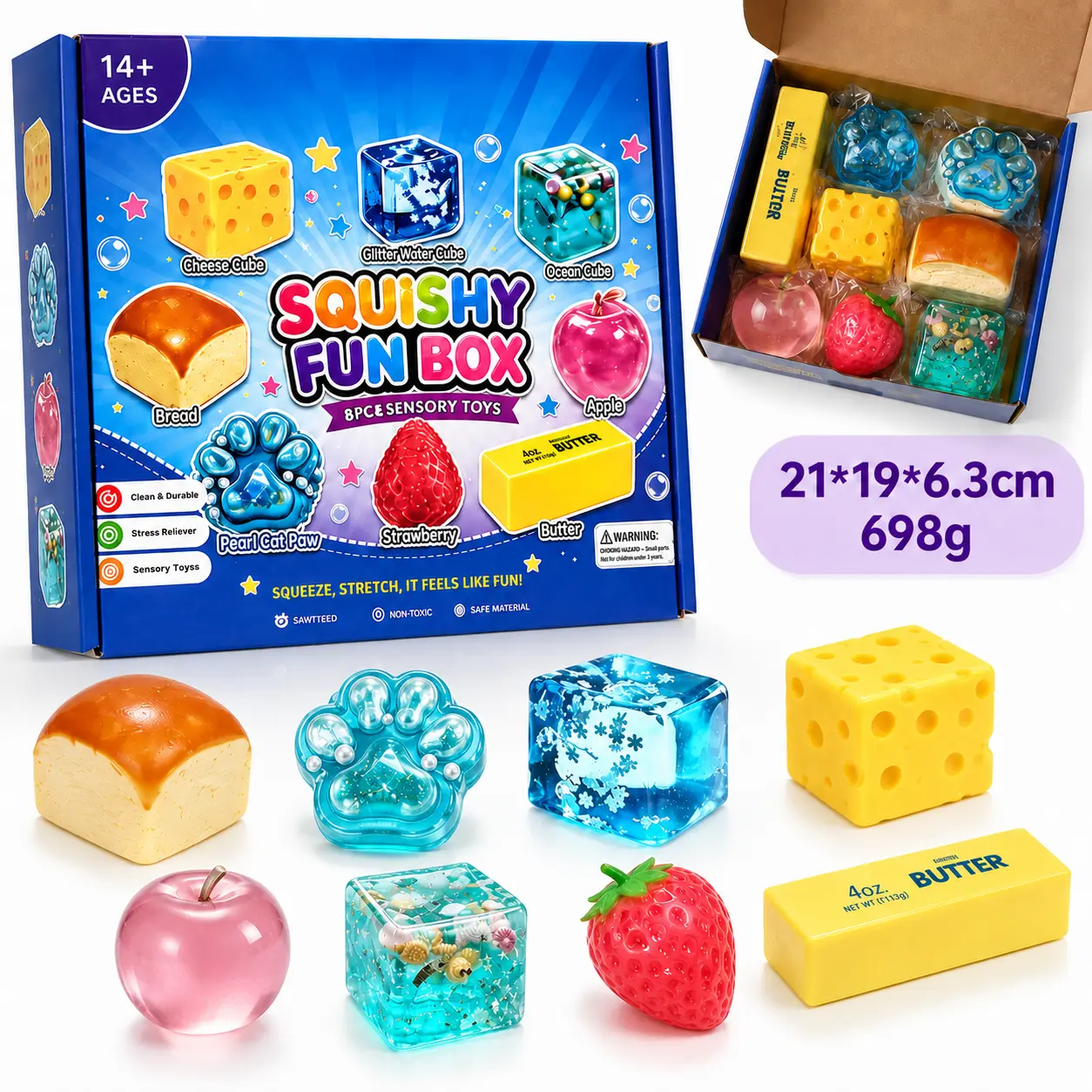[Dealsforyou] 8-Piece Assorted Squishy Toy Gift Box, Soft TPR & PU Squeeze Fidget Set, Cute Desk Toys, Party Favors & Gifts