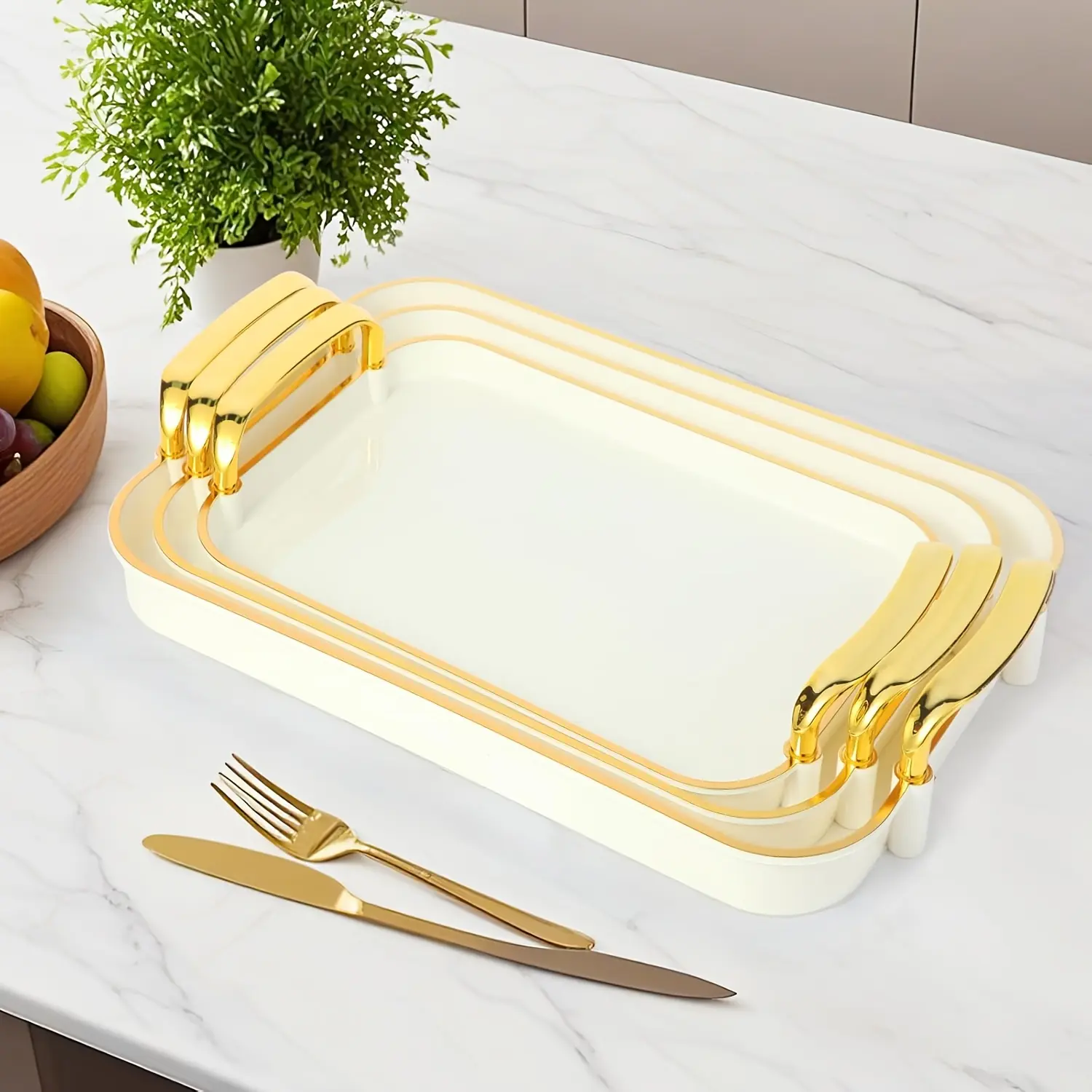 Of 3 Serving Trays with Handles, Stackable And Reusable for Food Service, Plastic Platters for Parties, Charcuterie, Fruits, Appetizers, in Cream Golden