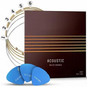 (R) Acoustic Guitar Strings 80/20 Bronze Coating I Brilliant Sound Quality I Includes 3 Picks (Light 12-53, 1 Set)