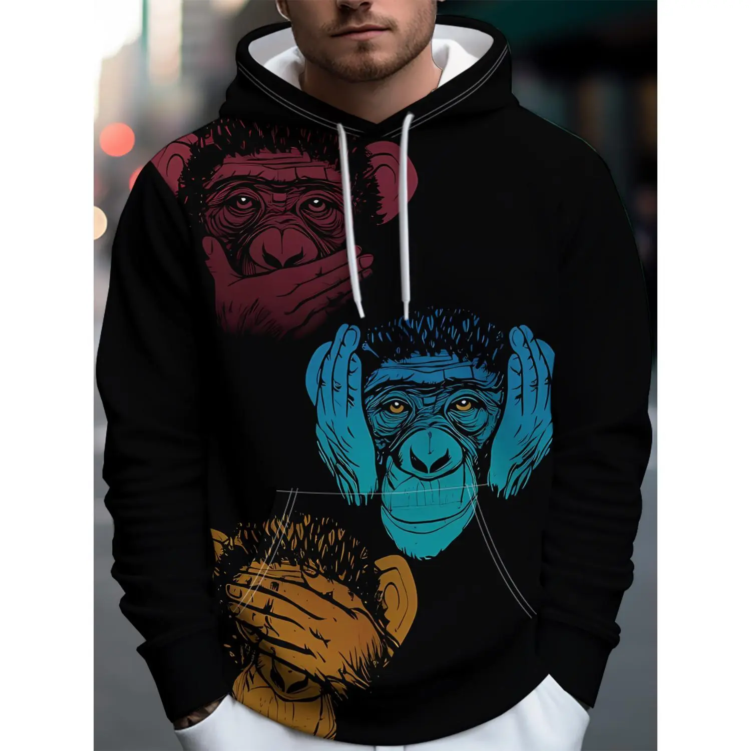 Stylish Men's Trendy Streetwear Hoodie with Three Wise Monkeys Graphic - Unique, Artistic Design with Drawstring for a Casual Look