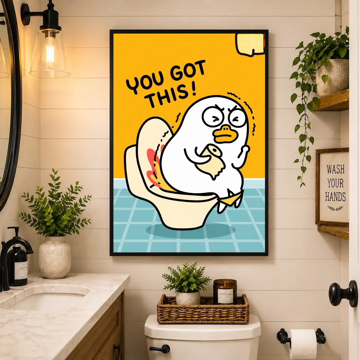 Funny Duck Bathroom Canvas Wall Art – “You Got This!” Cute Cartoon Duck Toilet Poster, Humorous Bathroom Decor, Funny Restroom Wall Art, Quirky Home Decor Gift