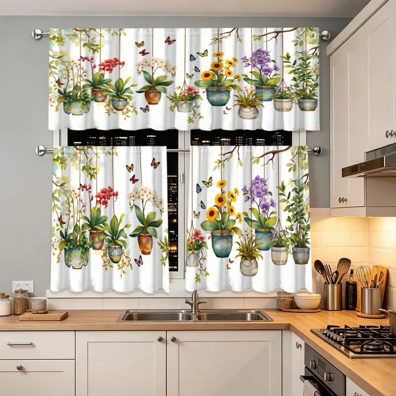 3pcs Floral Butterfly Curtains, Natural Style Drapes Window Curtain for Kitchen Living Room, Coffee Shop Restaurant Decor Valance Set, Ideal for Home Enthusiasts, Home Decoration Curtain, Home Decorative Curtain