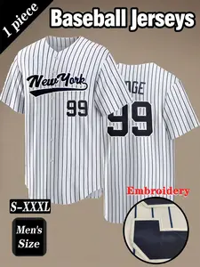 Men's 99 Classic Striped Baseball Shirt, Sports Jersey, Sports Top, New York letter embroidery, daily casual short sleeved V-neck comfortable breathable button cardigan, suitable for outdoor sports, street fashion hip-hop outfit