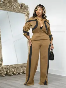 Women's Fall & Winter Fashion Colorblock Long Sleeve Flared Jumpsuit, Casual Half Button Elastic Waist, Fitted Plain Style Womenswear