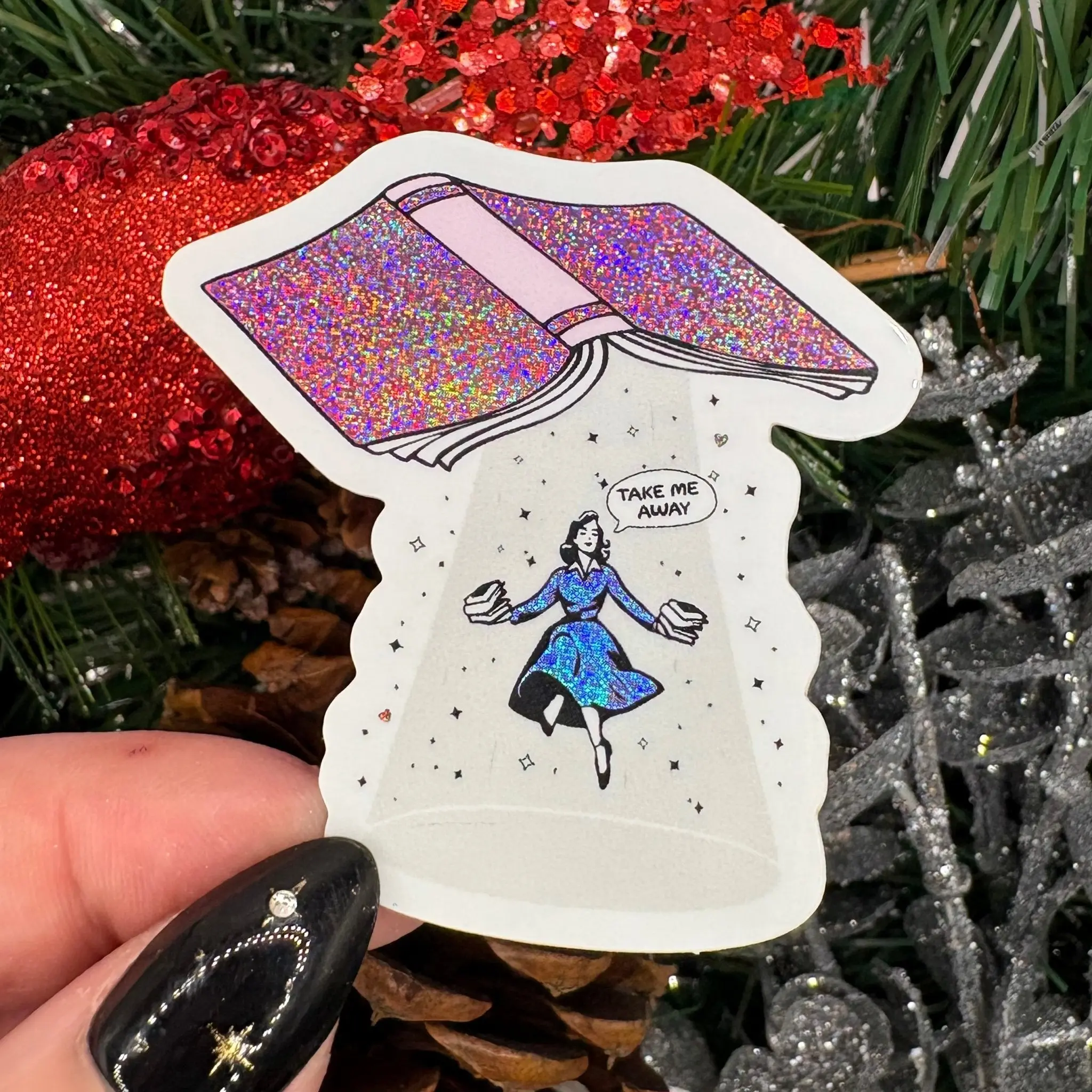 Take Me Away Open Book Crushed Glitter Sticker