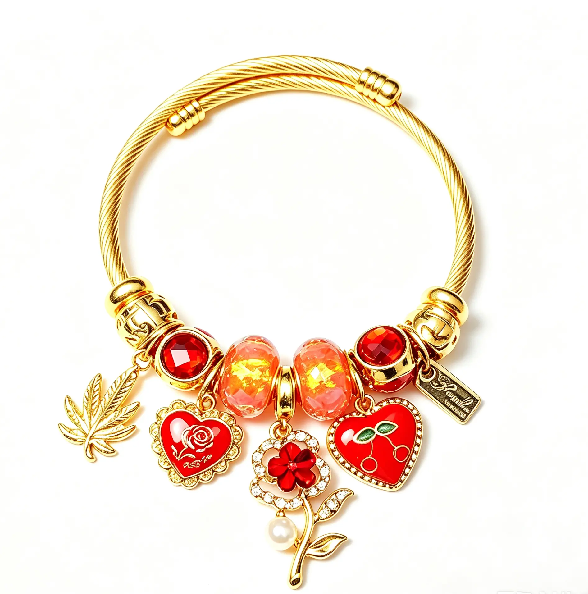 Charm Open Cuff Bangle Bracelet, Gold Twisted Wire Bracelet with Red Heart Cherry Rose Flower Charms, Dainty Adjustable Beaded Bracelet Jewelry Gift for Women Girls