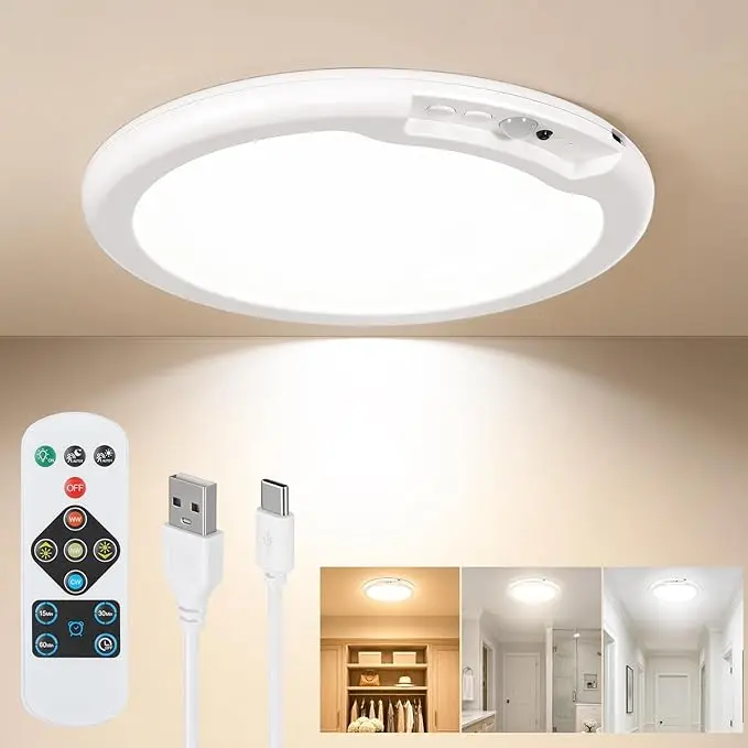 Rechargeable Motion Sensor Ceiling Light with Remote Control, Wireless Magnetic LED Light for Closet, Cabinet, Bathroom, Stairway, Hallway, Bedroom, Battery Operated Ceiling Lamp