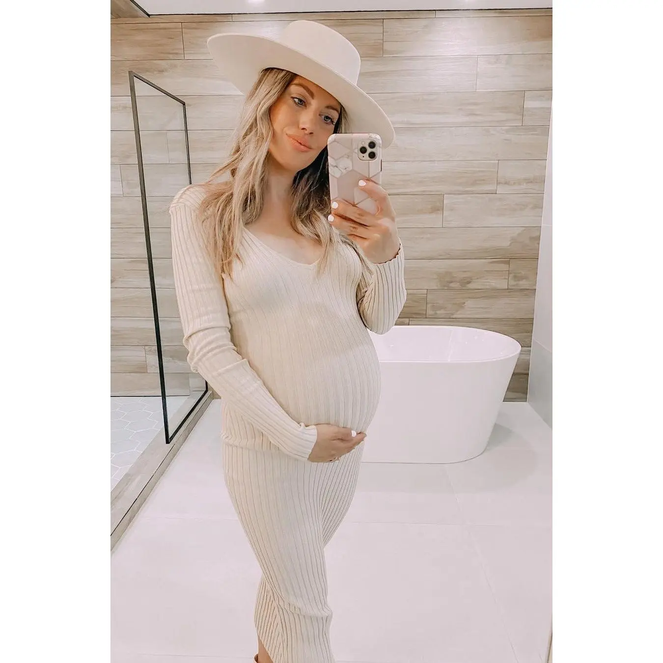 Taupe V-Neck Long Sleeve Fitted Maternity Maxi Dress