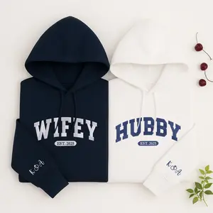 Custom Embroidered Hubby And Wifey Hoodie – Personalized Couple Matching With Names Date  – Gift for Anniversary, Valentine's Day