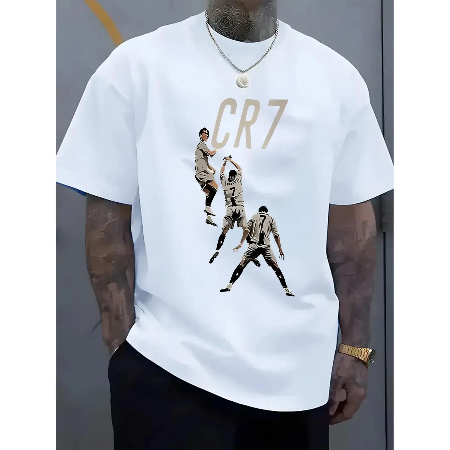 Men's & 's Ronaldo-Inspired CR7 Logo Design T-Shirt - White 'R' & '7' Lettering, Casual Round Neck Short Sleeve Tee for Fans, Casual Attire & Apparel