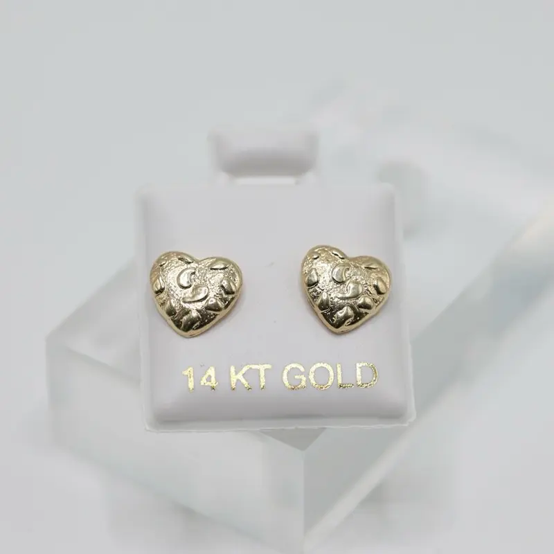 14K Gold Nugget Heart Stud Earrings 8mm- Elegant Design for Everyday Wear