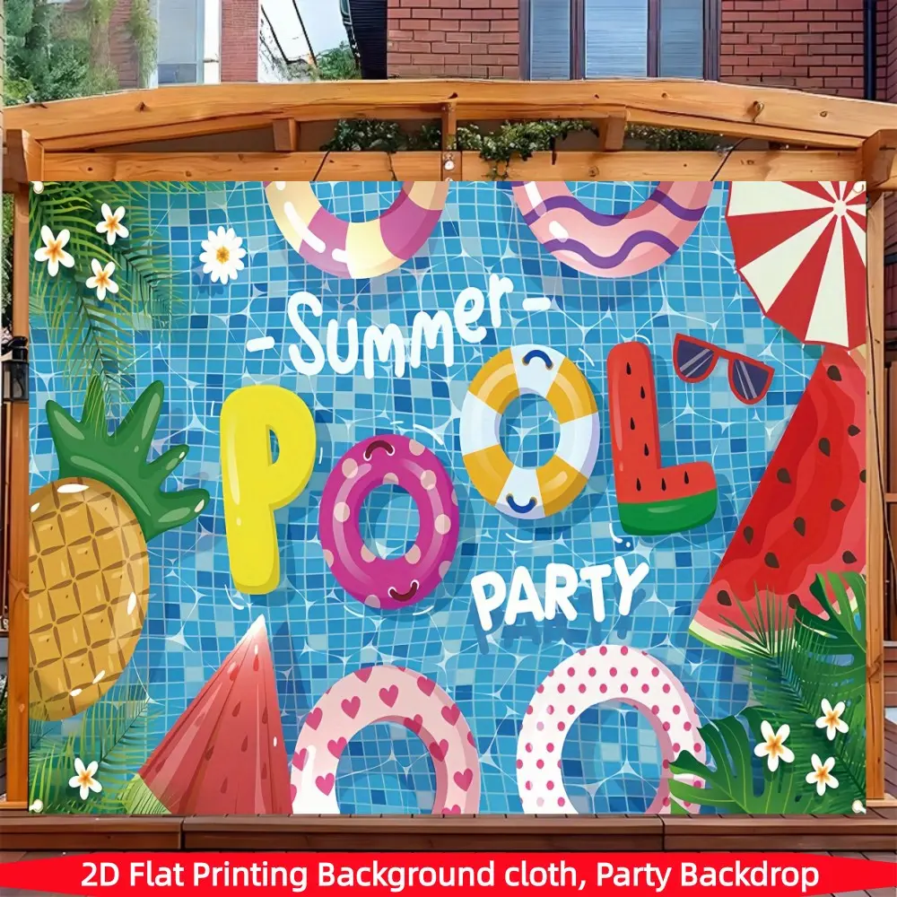 2D Flat 1pc Summer Pool Party Backdrop Banner, Swimming Ring Watermelon Pineapple Sunglasses Photography Background, Ideal for Summer Pool Party, Outdoor Gathering, Vacation Photo Shoot Decor, Party Decoration, Multiple Sizes Available