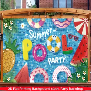 2D Flat 1pc Summer Pool Party Backdrop Banner, Swimming Ring Watermelon Pineapple Sunglasses Photography Background, Ideal for Summer Pool Party, Outdoor Gathering, Vacation Photo Shoot Decor, Party Decoration, Multiple Sizes Available