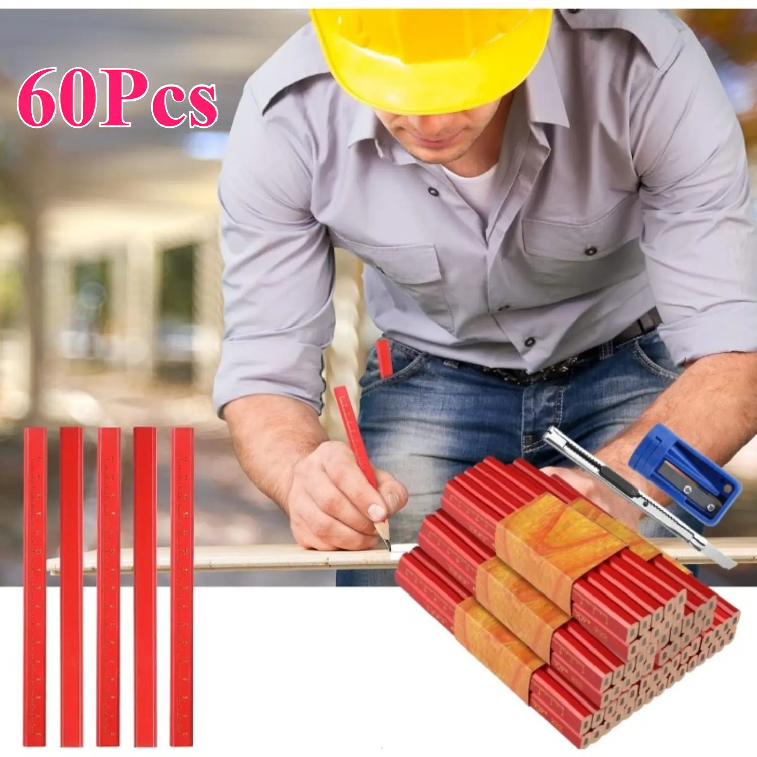60 Pcs Carpenter's Pencils Set,Red Octagonal Pencil,Construction Site,175 mm Thick Core Construction Pencil,Carpenter's Pencil with Pencil Sharpener,Art Knife for Carpentry Drawings,Hand Tools Kits