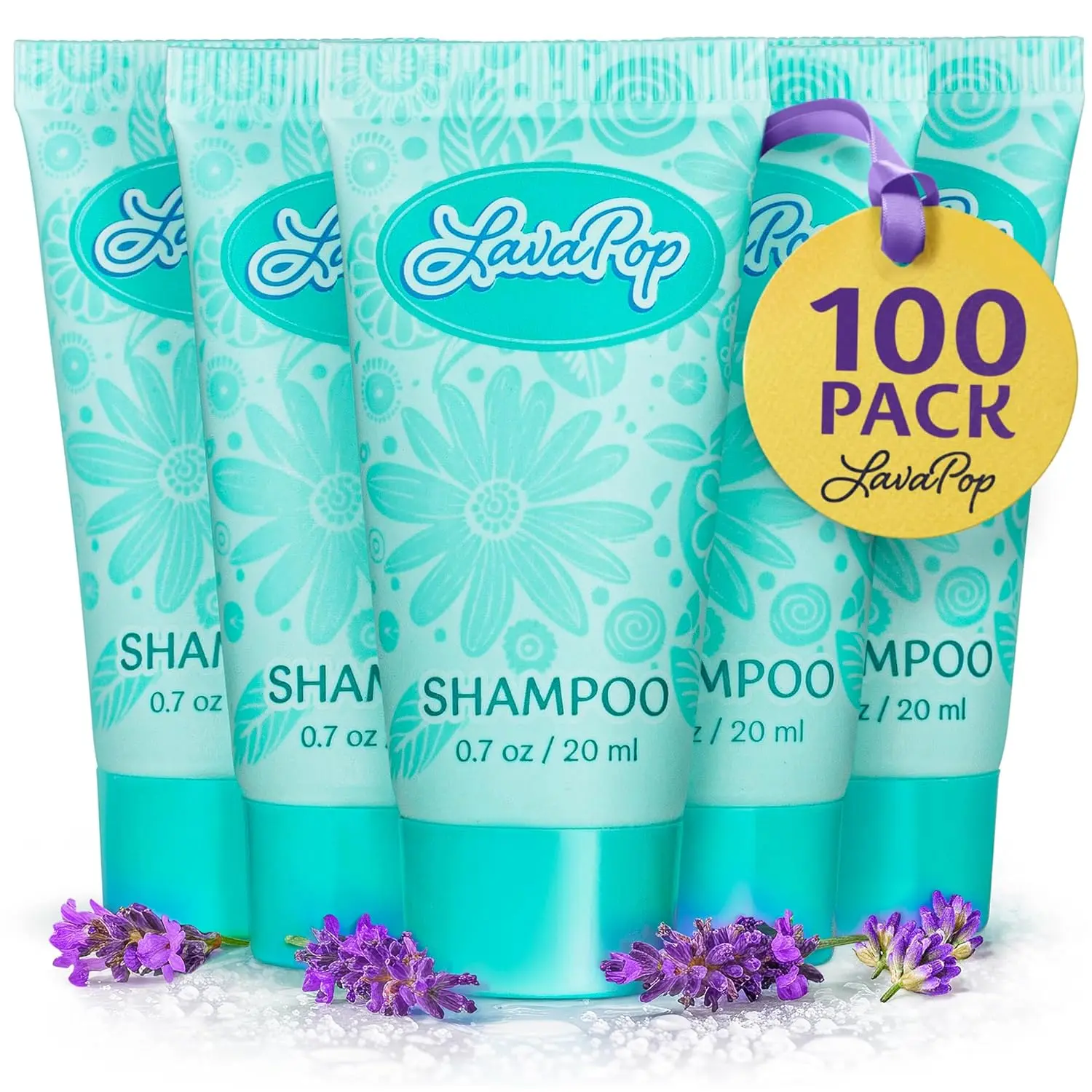 LavaPop Travel Size Scented Shampoo - Sweet Earthy Iris Violet & Amber Blend, 0.7 fl oz, 100 Pack, Individually Wrapped, Cruelty-Free, Vegan, Moisturizing Haircare Cleanser, All Hair Types, Bulk Travel Toiletries for Airbnb & Hotels, Cleansing
