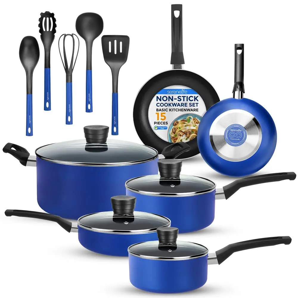 15-Pc Cookware Set -  Blue | Even Heat Non-Stick Coating Pots & Pans with Lids, Dutch Oven, Spoon, Spatula, Pasta Server, Soup Ladle & Egg Whisk - Gas, Electric & Ceramic Cooktop Safe - Kitchen Cooking Utensils Set