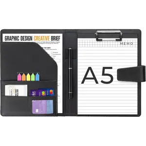 A5 Leather Portfolio Binder Interview Legal Document Organizer with Magnetic Closure Cover Includes A5 Sized Papers Sticky Tabs Pen Mini Document Organizer Folder for Men Women Black