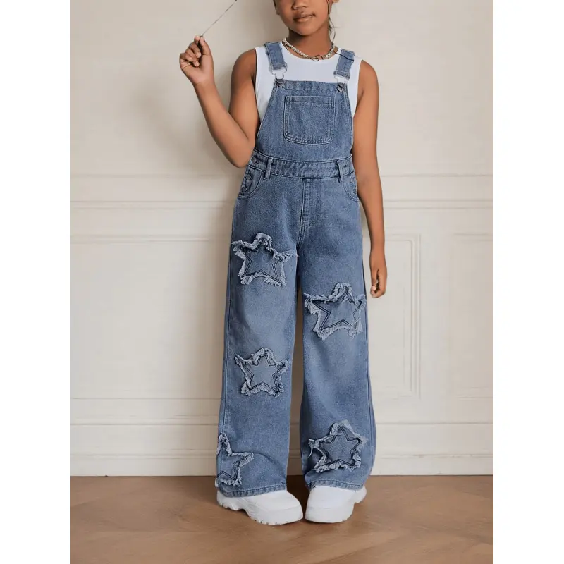 Teen Girls' Wide-Leg Denim Overalls with Star Embroidery Everyday Outfits - Machine Washable Teen Loose Fit Long Denim Machine Washable All-Season Casual Jeans for Teens Durable Fabric, for Outdoor