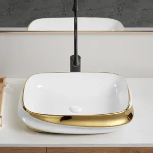 Marevia 24x17in Top-Mount Ceramic Bathroom Vessel Sink, Above-Counter Modern Vanity Art Washbasin, Fast Drain, Stainproof, White with Gold Rim