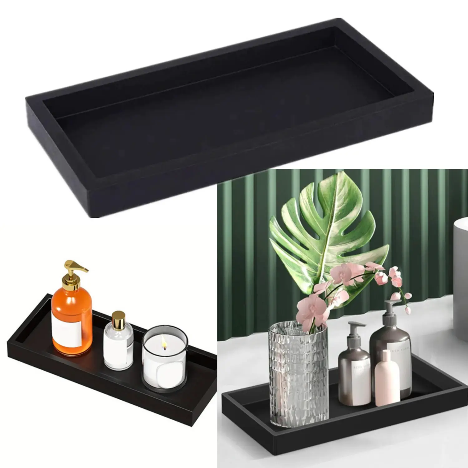 Car Bathroom Vanity Tray Black Decorative Tray for Counter, 11.5"x 4.8" Small Wood Sink Soap Tray Holder for Kitchen, Dresser Countertop Decor Rectangle Wooden Organizer