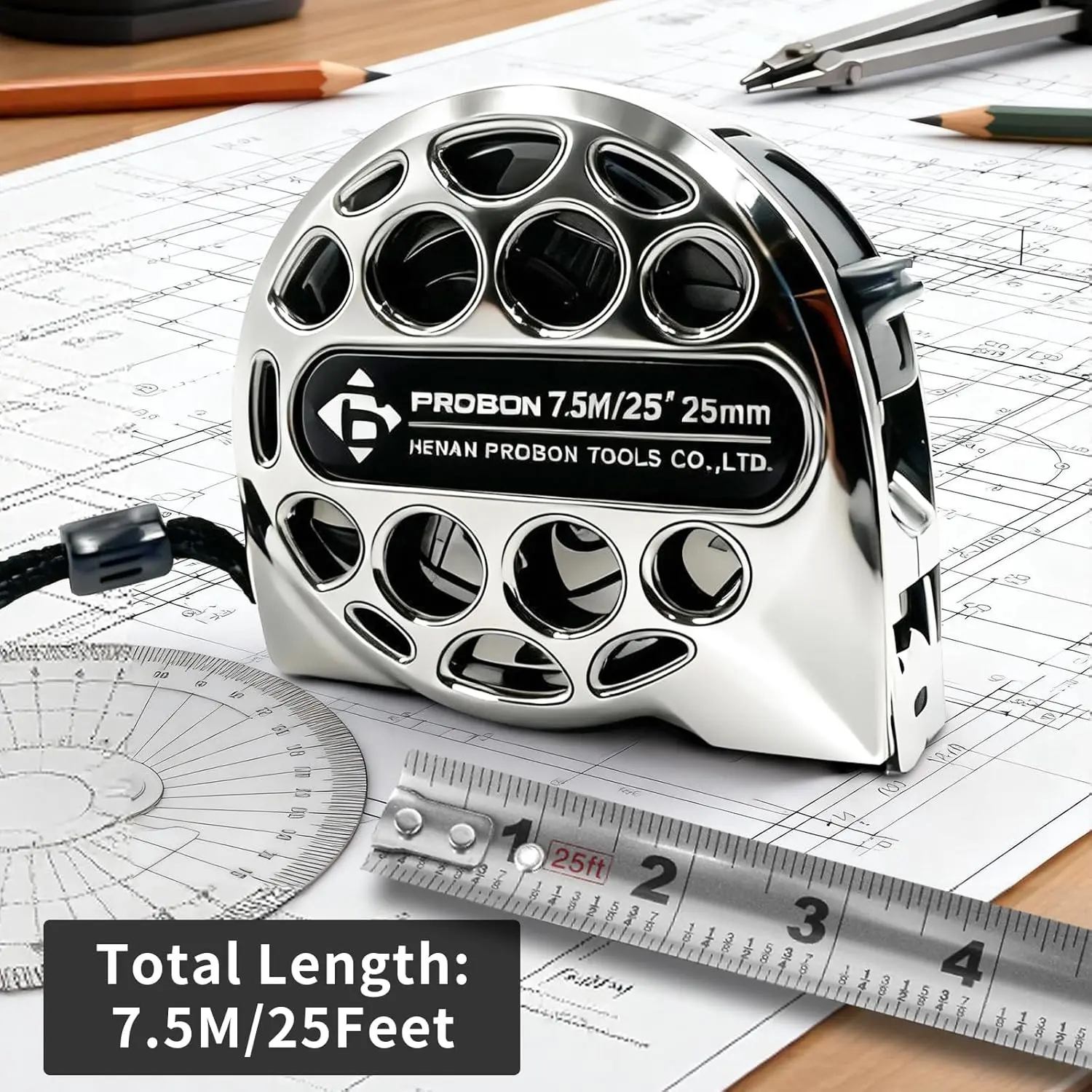 25FT/7.5M Stainless Steel Measuring Tape with Double Sided Scale Waterproof Retractable Measure Ruler Handy Measurement Tape for Construction Household Woodworking