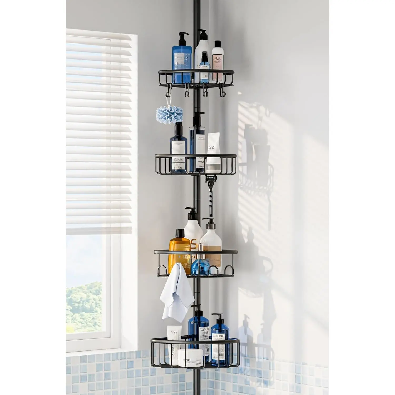 Modern Rustproof Material Stainless Steel Hollow 4-Tier Corner Shower Caddy, Removable 121in Adjustable Floor-Standing Bathroom Shelves for Bathtub Shampoo Storage, Black B Style-Grey Tension Pole Rack