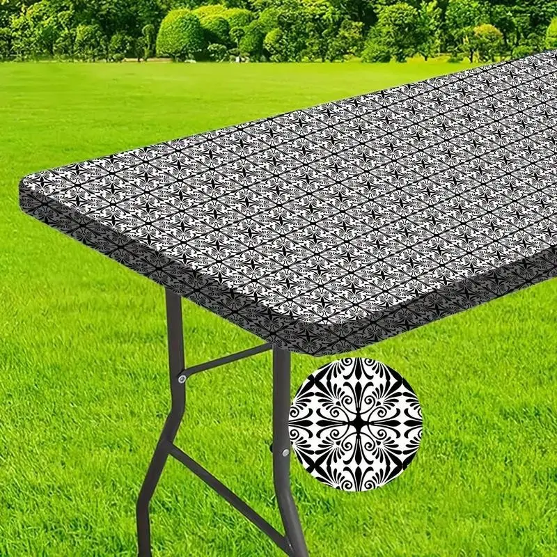 Washable 6-Foot Outdoor Portable Tablecloth with Elastic Edges, Durable Polyester, Ideal for Camping, Picnics, Garden Parties