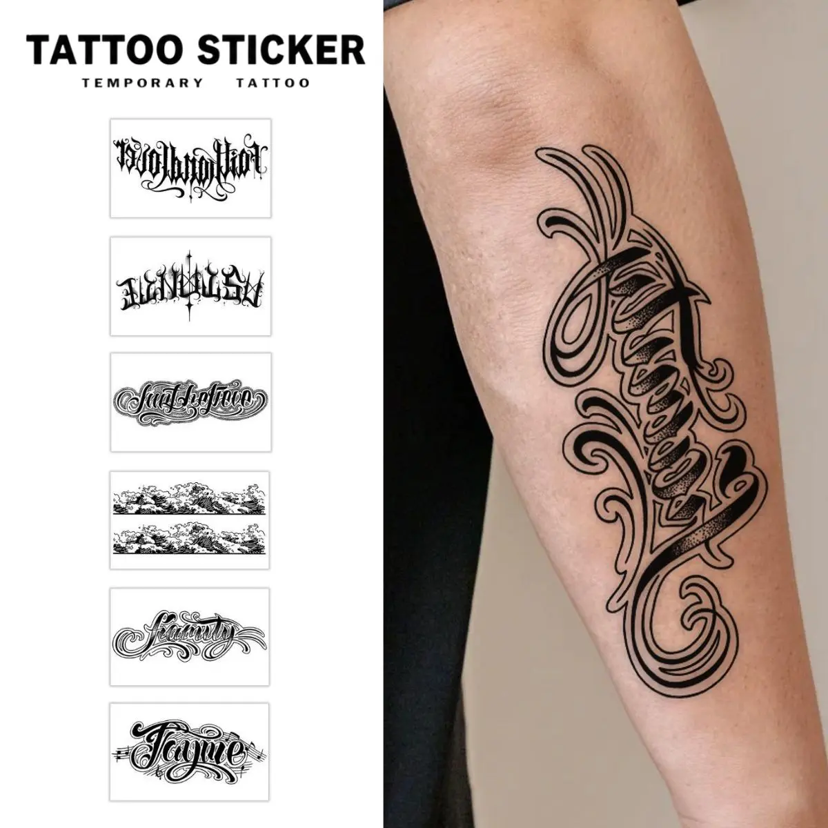 6Pcs Temporary Tattoo Chicano Cursive Letter Text Series Fake Tattoo Stickers, 6 Sheets Pack, Semi-Permanent Durable Waterproof, Realistic Look For Men Women, Perfect For Hip Hop Street Party Body Art - Temporary Tattoos