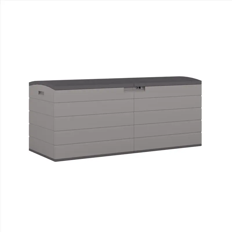 Suncast 7029131 Durable Extra Large Gray Plastic Rectangle Deck Box Organizer Storage Boxes - 120 gal, 59 x 23 in, Single Unit Outdoor Storage with Pad, Spring Shocks, Dual Lids for Home Supplies Security