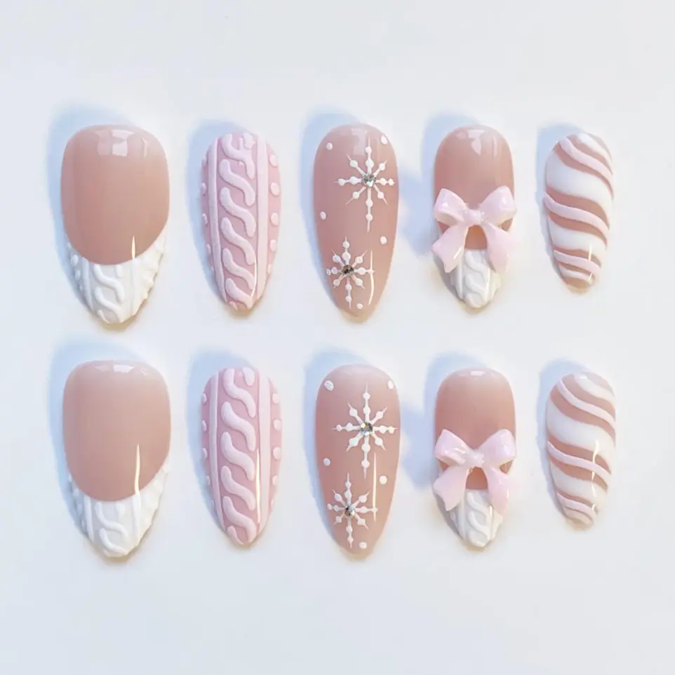 Pink Christmas Nails/Bow Nails/Sweater Texture Nails/Winter Nails/Snow Nails/Christmas Press on nails long almond nails/Pink Nails/Cute Nail