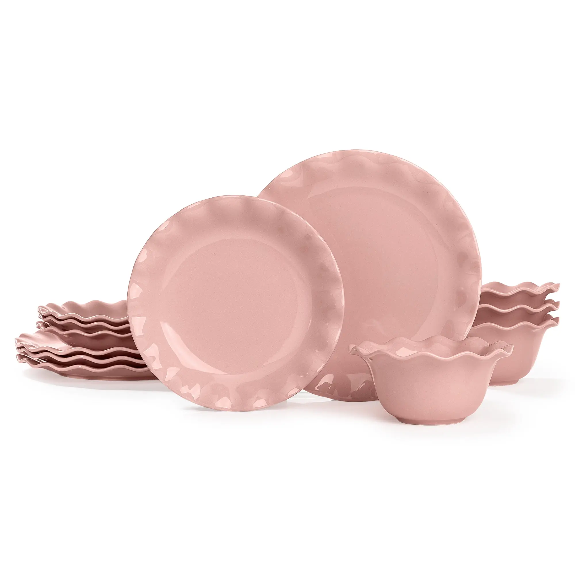 Paris Hilton Heiress Collection 12-Piece Stoneware Dinnerware Set, Plates & Bowls Dish Set, Service for 4, Microwave & Dishwasher Safe, Rose Pink with Scalloped Ruffle Rim