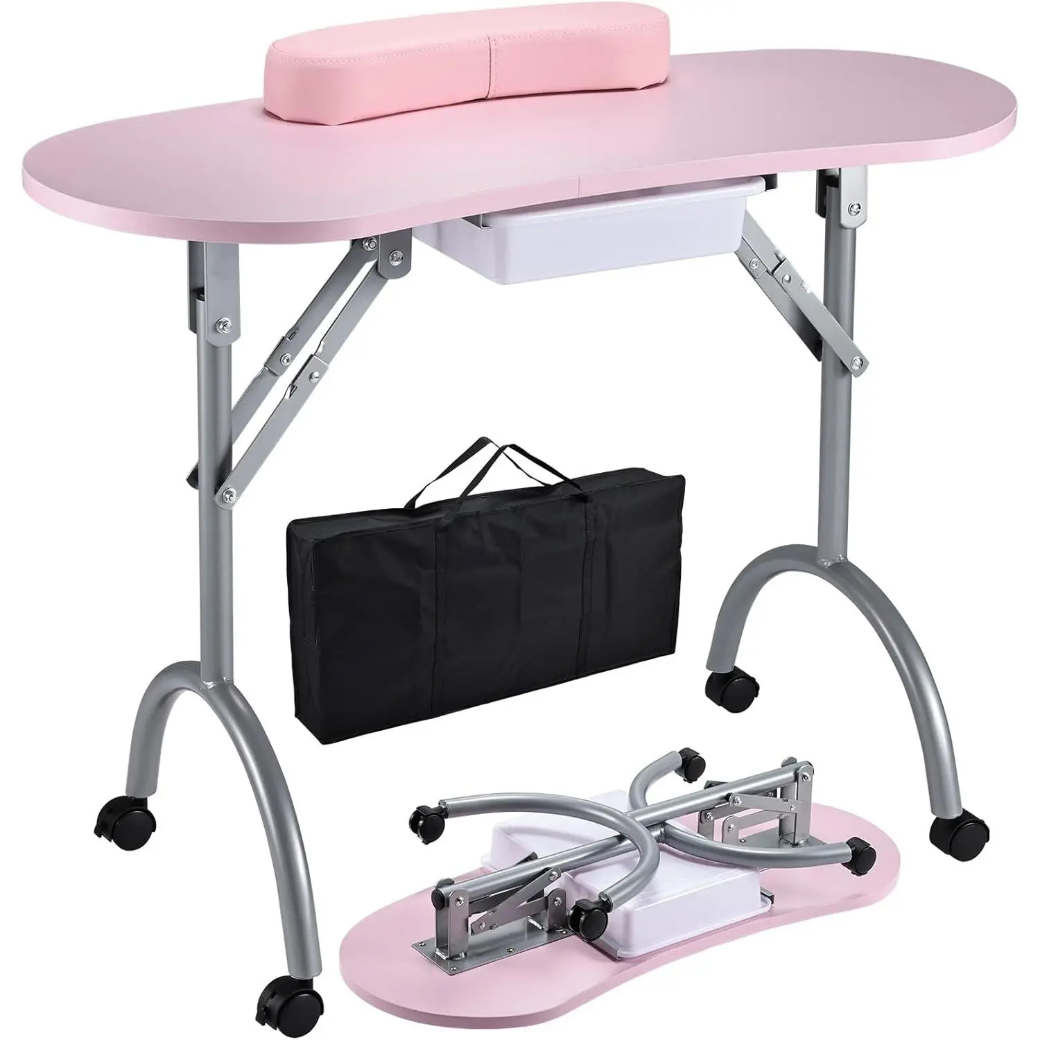 Professional Foldable & Portable Manicure Table  Technician Desk Workstation 4 Lockable Wheels with Drawer Client Wrist Pad Free Carrying Bag Travel  Tech  Beauty Table