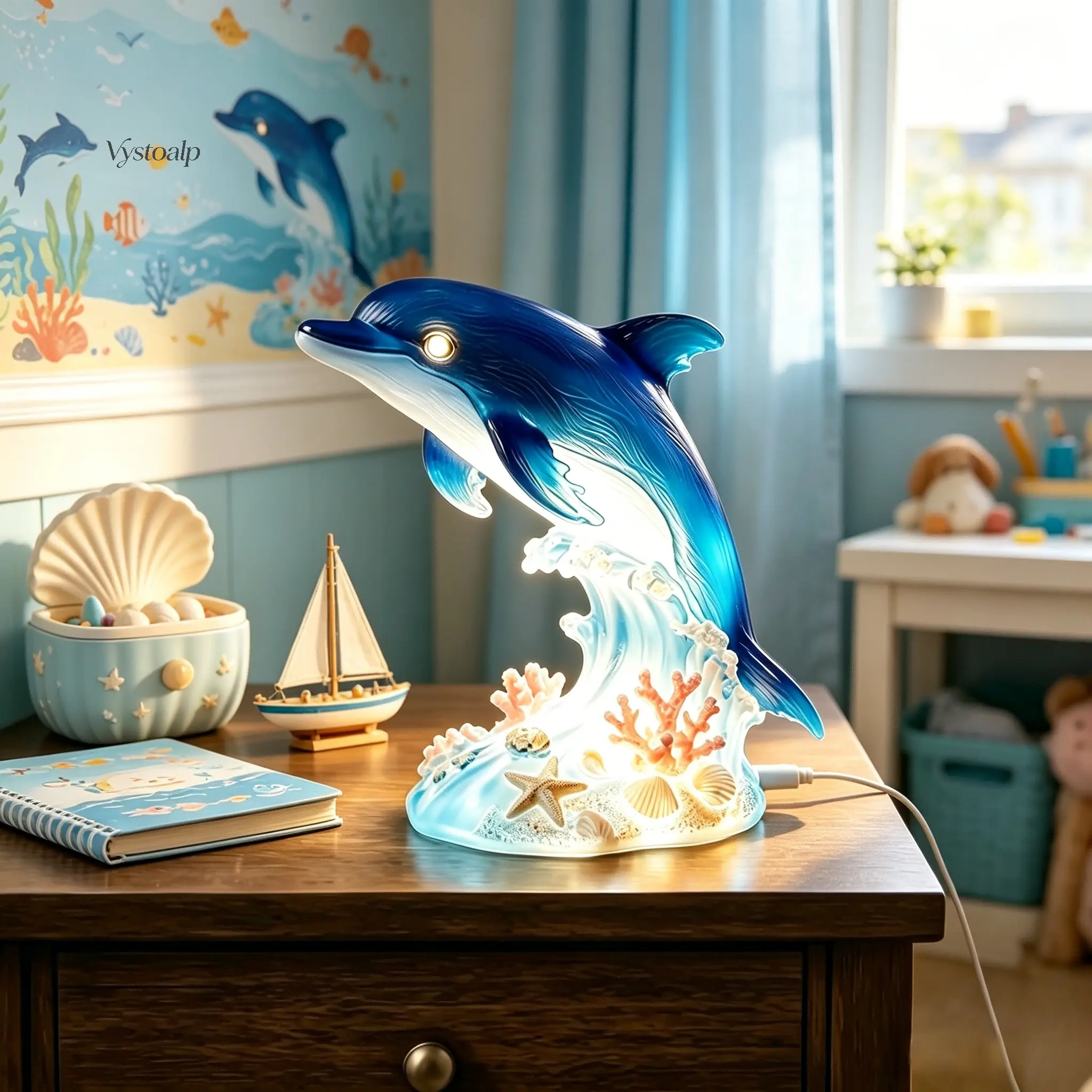 Dolphin Statue Night Light, Ocean Animal Resin Figurine,  bedside night light,Marine Sculpture Lamp, Home Office Decor, Decorative Ornament for Desk & Bookshelf