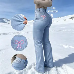 Women's Plus Size High-Waisted High Elastic Denim Bell Bottom Jeans - Tummy Control Trouser with Pockets, Business Casual Work Slacks