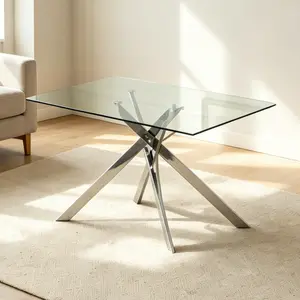 51.18" Rectangular Clear Tempered Glass Dining Table,Stylish Design with Silver Chrome Plated Metal Legs, Furniture Home Decor