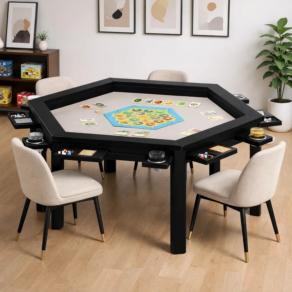 Avocahom Solid Wood Hexagonal Board Game Table for 4-6 Players, Convertible Dining & Gaming Table with Removable Top, Multi-Function Poker & Card Game Table for Home Game Room, Includes Play Mat, 6 Detachable Cup Holders & Dice & Hobby Trays