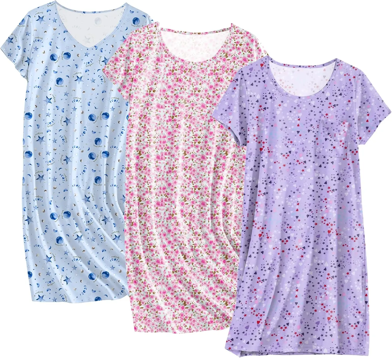 Cotton Nightgowns for Women 3 Pack Sleepshirts Short Sleeve Night Shirt Tshirt Night Gown Print Sleepwear Dress(Gift)