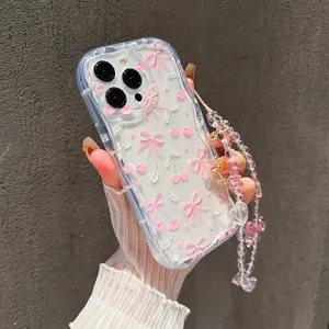 Sweet Bow Cherry Design Tpu Phone Case with Fashion Lanyard, Anti-Drop Wave Edge for Apple iPhone 17promax 16 16promax 11 13 14 15 X XS XR