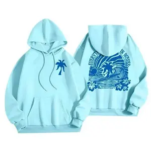 Blue Palm Puff Hoodie for Women 2025 Blue Graphic Hoodie Cute Preppy Sweatshirt Long Sleeve Womenswear