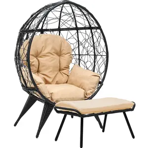 DWVO Egg Chair with Stand Outdoor Egg Lounge Chair with Cushion Wicker Chair PE Rattan Chair Footrest Included for Patio, Garden, Backyard, Porch, Beige
