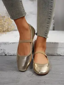 Women's Metal Color Mary Jane Flat Shoes, Square Toe Elastic Strap Ballet Style, Soft Sole Comfortable Commuter Lazy Shoes