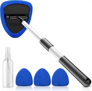 Car Window Cleaner Kit Extendable Handle Windshield Cleaning Tool with 4 Reusable Microfiber Pads with Empty Spray Bottle