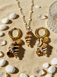 Ocean Wind Ceramic Shell Necklace Earrings Set, 18k Gold Plated Stainless Steel, Natural Stone & Pearl Accents, Beach Vacation Vibes