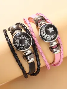 Sun Moon Totem Couple Braided Leather Bracelet Set, Boho Style, 2 Piece Jewelry Series, Unique Valentine's Day Gift, Couple Bracelets