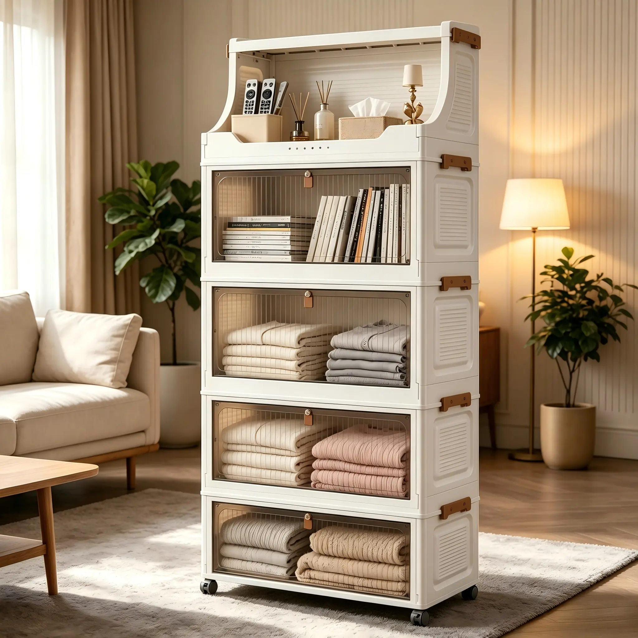 Stackable Storage Bins with Lids, Wheeled 3/4/5/6 Tier Plastic Storage Cabinet, Foldable Large Capacity Organizer Shelf, Multifunctional Storage Organizer for Living Room Closet Bedroom Bathroom, Perfect for Clothes Toys Organization