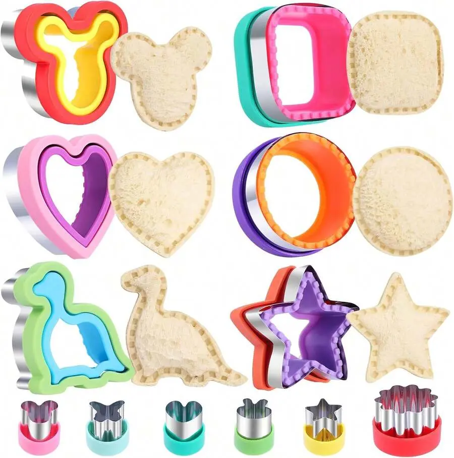 12PCS Sandwich Cutter and Sealer Set, DIY Uncrustables Maker, Bread Cutter, Cookie & Pancake Molds for Kids Lunch Boxes & Bento