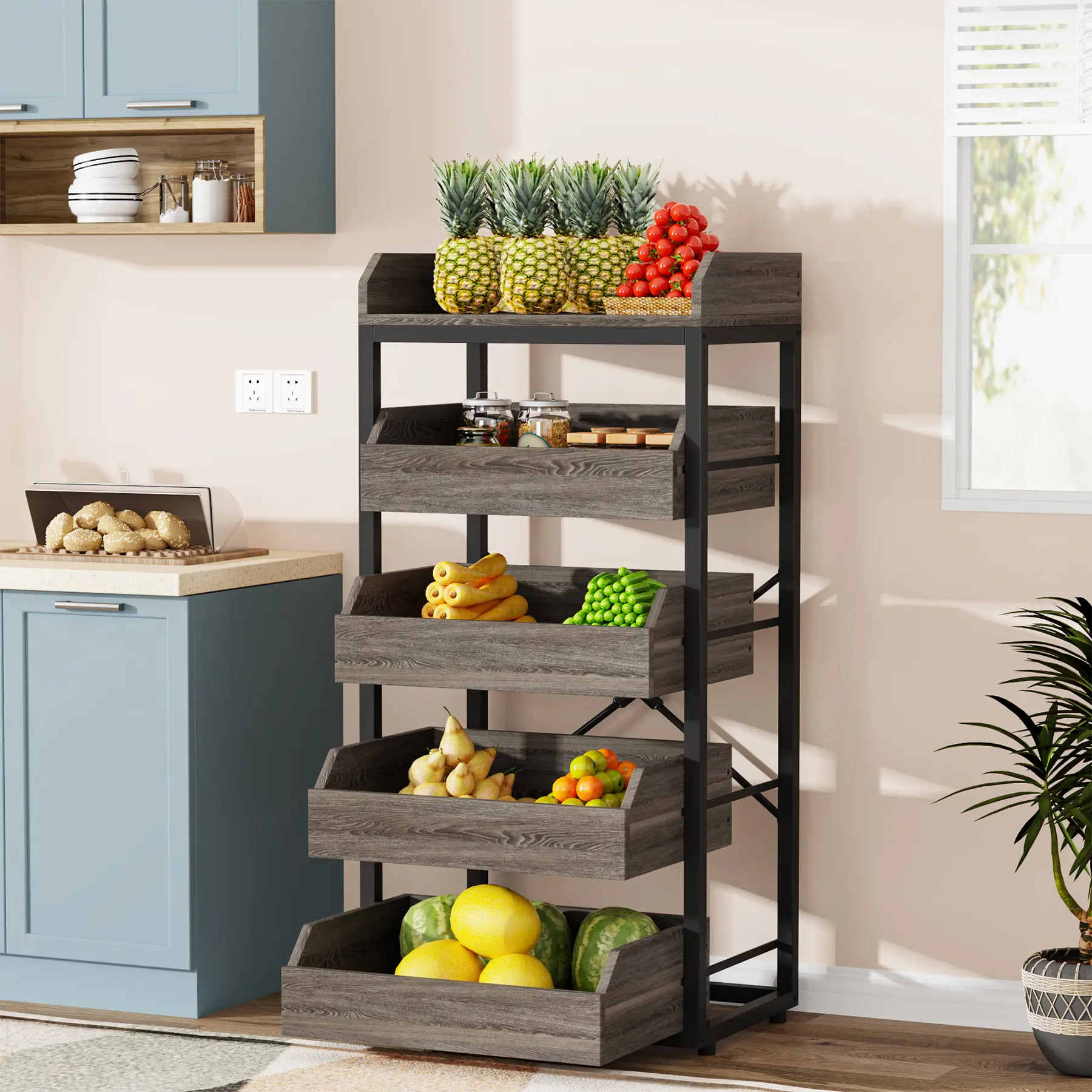 LITTLE TREE Wood Fruit and Vegetable Storage Rack, 5-Tier Pull-Out Snack Stand Fruit Basket Stand, Utility Shelf Organizer for Kitchen, Living Room, Bedroom