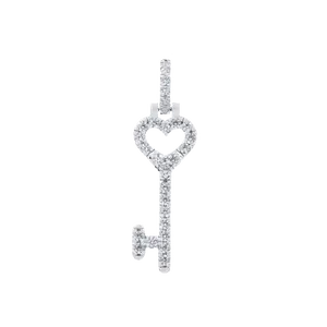 GLD Diamond Heart Key Pendant in 14k White Gold Plated Pave Diamond Heart-Shaped Key, Hand-Set Stones (Chain Not Included)