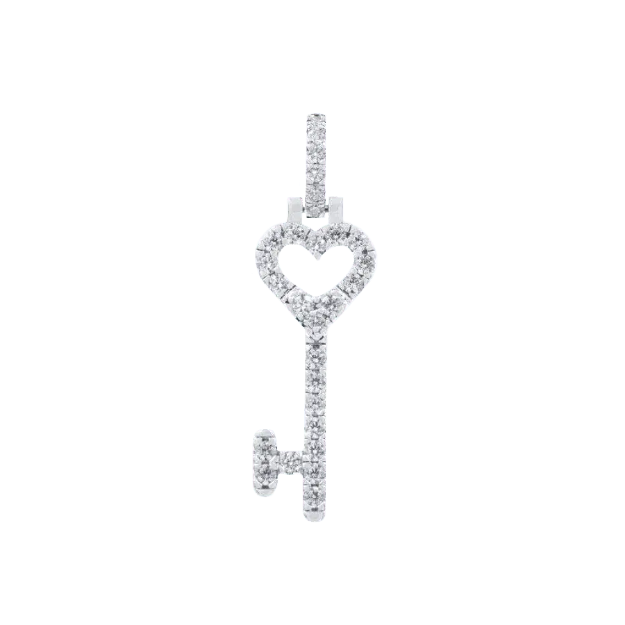 GLD Diamond Heart Key Pendant in 14k White Gold Plated Pave Diamond Heart-Shaped Key, Hand-Set Stones (Chain Not Included) - Perfect Gift