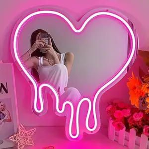 1pc Pink Heart Neon Sign & Mirror - USB Powered LED Wall Decor for Bedroom, Girls Room & Dorm Essentials, Neon Lights, Atmosphere Lighting, Heart Shape Light